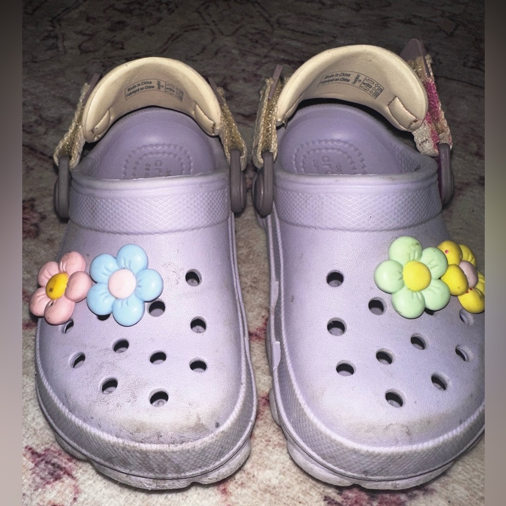 Kids Purple All Terrain Crocs with Flower Charms